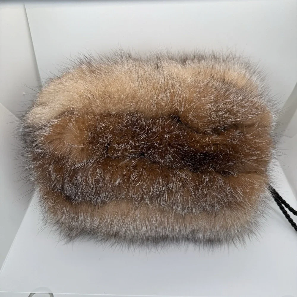 Fur Womens Hand Muff Hand Warmer Braided Wrist Strap Inside Zippered Pocket
